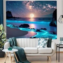 1入組藍珍珠海滿月夜景掛毯，室內裝飾掛墻用78*59英寸涤棉掛毯，適用於房間寢室裝飾，包含免費配件贈禮給您和朋友 - 藍色 - 查看 4