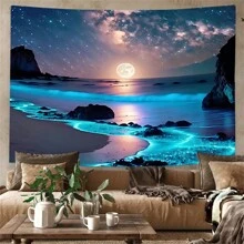 1入組藍珍珠海滿月夜景掛毯，室內裝飾掛墻用78*59英寸涤棉掛毯，適用於房間寢室裝飾，包含免費配件贈禮給您和朋友 - 藍色 - 查看 2