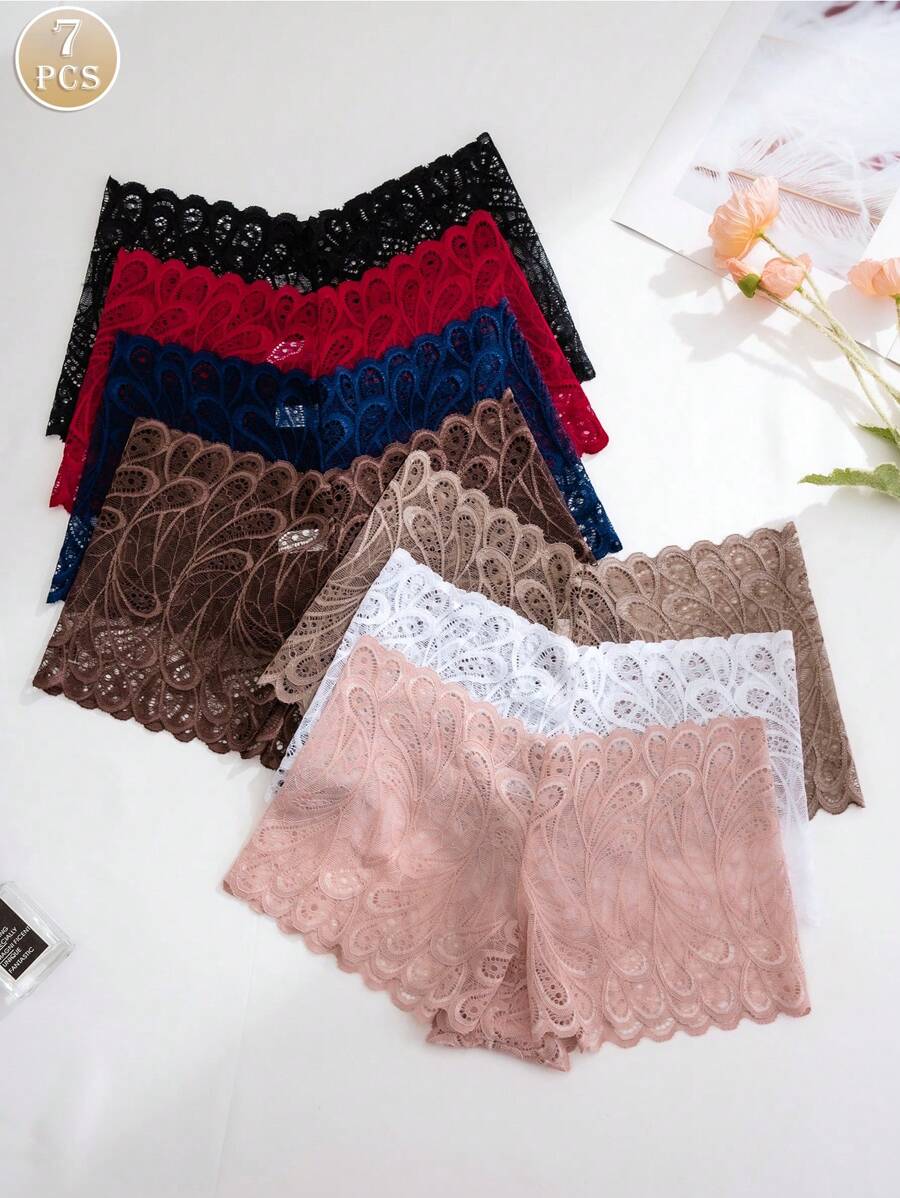 7 piezas de panties sexis semi-transparentes de encaje con empalme en múltiples colores para mujeres con baja altura de levantamiento