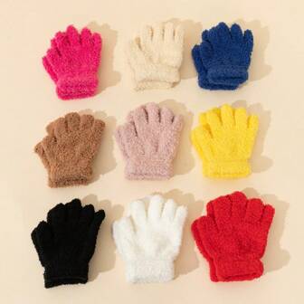 1pc Unisex Toddler Coral Fleece Knitted Gloves, Candy Colors, Thickened And Warm For Autumn/Winter, Five Fingers