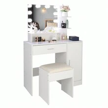 Vanity Desk With Lights, Makeup Vanity Set, Dressing Table Set With Storage Shelves & Drawer, Vanity Mirror 3 Lighting Color Adjustable, Cushioned Stool, For Women, Girls, Bedroom - White - View 7
