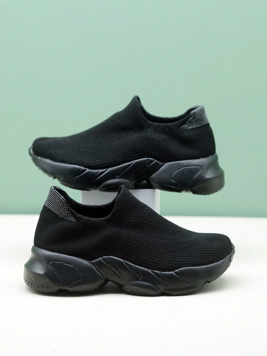 兒童黑色/灰色針織懶人運動休閒鞋，輕便舒適