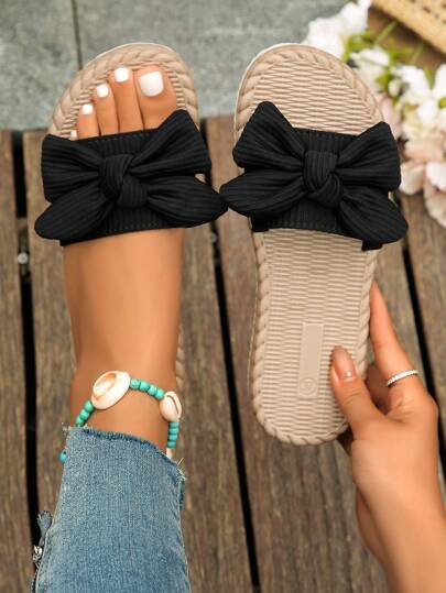 女士蝴蝶结装饰平底凉鞋，轻便夏季拖鞋，防滑女士沙滩鞋，舒适室内/室外一脚蹬人字拖