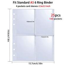 25 Packs 100 Pockets 6 Ring A5 Binder Sleeves,2.5x3.5" Photocard Sleeves,Double-Sided 4 Pocket Page Protector,Ultra-Clear Trading Card Sleeve Sheets Back To School,Back To School,School Supplies - Transparent - View 2