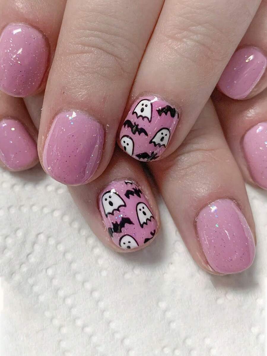 万圣节 & 24 件短方形闪光鬼指甲贴，简约可爱鬼按压指甲指甲贴纸，适合女性节日美甲 - 彩色 - 查看 1