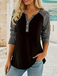 Plus Size Women Fake Button Patchwork Long Sleeve T-Shirt, Autumn/Winter - Black - View 2