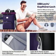 RAINSMORE Rolltop Backpack Women Men Large Laptop Backpack 15.6 Inch Backpack Waterproof Black Backpack School Backpack Travel Backpack Daypacks - Purple - View 5
