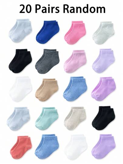 20 双婴儿纯色踝袜，适合日常生活，幼儿中性儿童袜子组合舒适透气儿童白色和黑色袜子