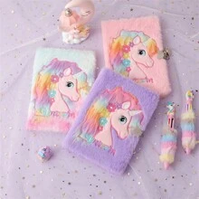 Cuaderno de peluche con candado de dibujo animado A5 con unicornio para niños, diario lindo, libro de contabilidad de mano para niña, cuaderno (los colores teñidos al azar) - Multicolor - Ver 3