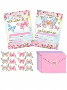 蝴蝶生日邀请函带信封，粉色和紫色闪光蝴蝶和花卉贴纸，适合派对、新娘礼物派对、蝴蝶主题生日派对，14 件套，圣诞节 - 彩色 - 查看 1