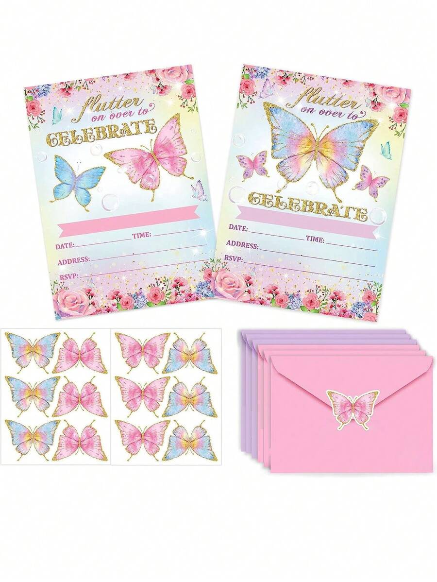 蝴蝶生日邀请函带信封，粉色和紫色闪光蝴蝶和花卉贴纸，适合派对、新娘礼物派对、蝴蝶主题生日派对，14 件套，圣诞节 - 彩色 - 查看 1