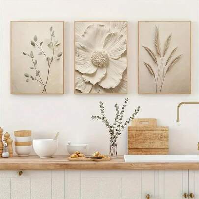 Conjunto de 3 piezas de impresiones en lienzo de arte de pared con plantas de color beige, cartelería moderna sin marco para la sala de estar, orientación de retrato interior, tema de otros temas