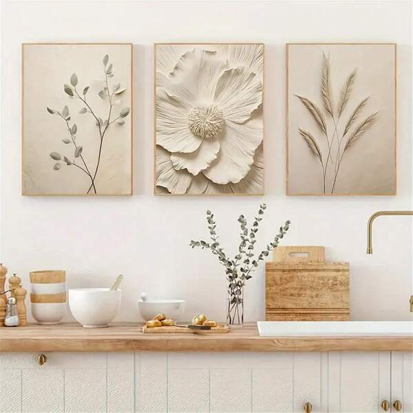 Conjunto de 3 piezas de impresiones en lienzo de arte de pared con plantas de color beige, cartelería moderna sin marco para la sala de estar, orientación de retrato interior, tema de otros temas