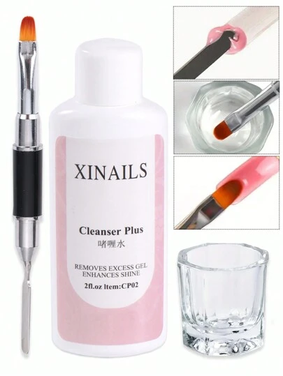 60ml Nail Degreaser Liquid Set Surface Sticky Layer Gel Polish Excess Remover Acetone Fast Dry Nail Art Cleaner Plus With UV/LED Gel Brush Pen Crystal Cup Nail Tools For Manicure Salon