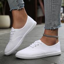 Women's White Athletic Shoes, Canvas Breathable Lightweight Low-Cut Lace-Up Flat Simple Casuals, Ladies' Sports Shoes Suitable For Valentine's Day Date