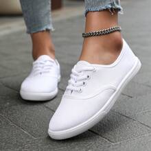 Women's White Athletic Shoes, Canvas Breathable Lightweight Low-Cut Lace-Up Flat Simple Casuals, Ladies' Sports Shoes Suitable For Valentine's Day Date