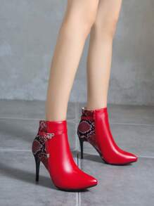 Fashionable Color Block Sexy Snake Skin Pattern Short Boots With Pointed Toe, Stiletto Heels, Patchwork Design And Side Zipper For Women