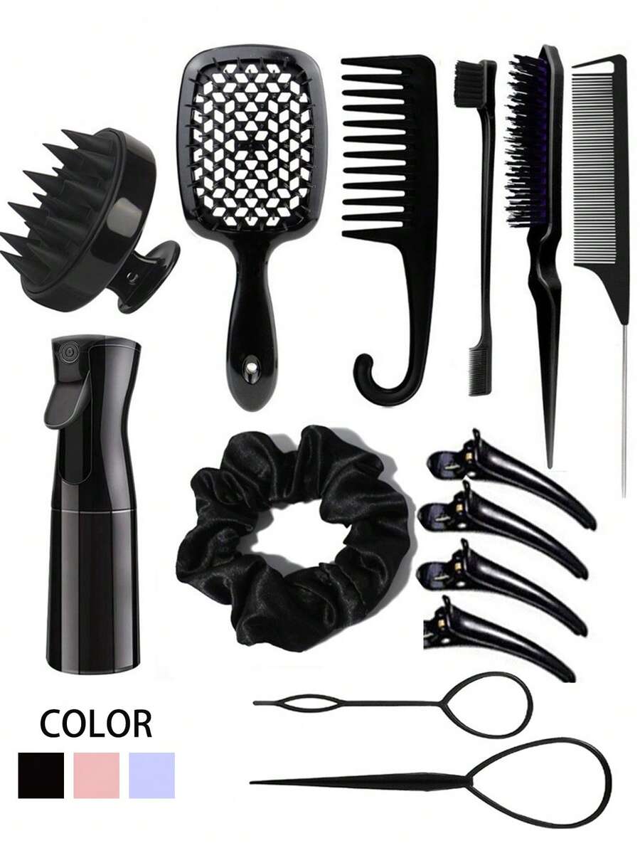 14pcs Hair Styling Set Including Spray Bottle, Massage Comb, Hair Ties And Clips In Various Combinations - Multicolor - View 1
