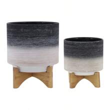 CERAMIC, S/2 8/10" PLANTER ON WOODEN STAND, GRAY - 彩色 - 查看 3