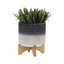 CERAMIC, S/2 8/10" PLANTER ON WOODEN STAND, GRAY - 彩色 - 查看 2
