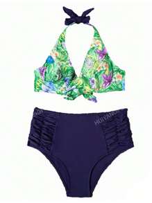 Women Sexy Bikini Set, Floral Print Halter Bra & Solid Color High Waist Bikini Bottom Bathing Suits Summer