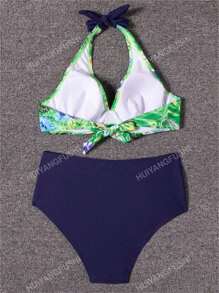 Women Sexy Bikini Set, Floral Print Halter Bra & Solid Color High Waist Bikini Bottom Bathing Suits Summer