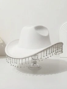 1 件女士纯色帽檐水晶莱茵石流苏水滴装饰西部牛仔优雅复古户外休闲渔夫帽，适合派对、婚礼、伴娘