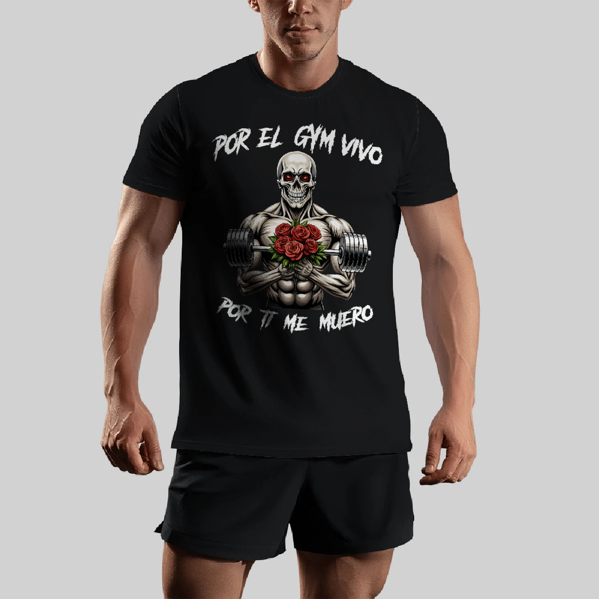 Playera Frase Motivacional Gym Calavera Gymbro Gymrat Esqueleto Hueso Press Banca Músculos Deportivo Entrenamiento Gimnasio Por El Gym Vivo Por Ti Muero Rosas Romántico Pareja Amor - Negro - Ver 1