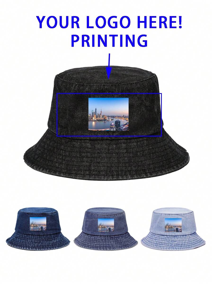 1pc Customized Printed Denim Bucket Hat For Men And Women, Outdoor Travel Accessory - A - View 1