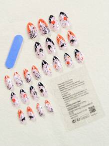 24 Peças Unhas Postiças Tipo Amendoim Coleção Halloween Padrão Fofo de Abóbora, Fantasma, Teia de Aranha Unhas Falsas para Festas e Encontros (Com: 1 Fatia de Gel de Gelatina 1 Tira de Esfregação de Raiz) - Multicolorido - Visão 2