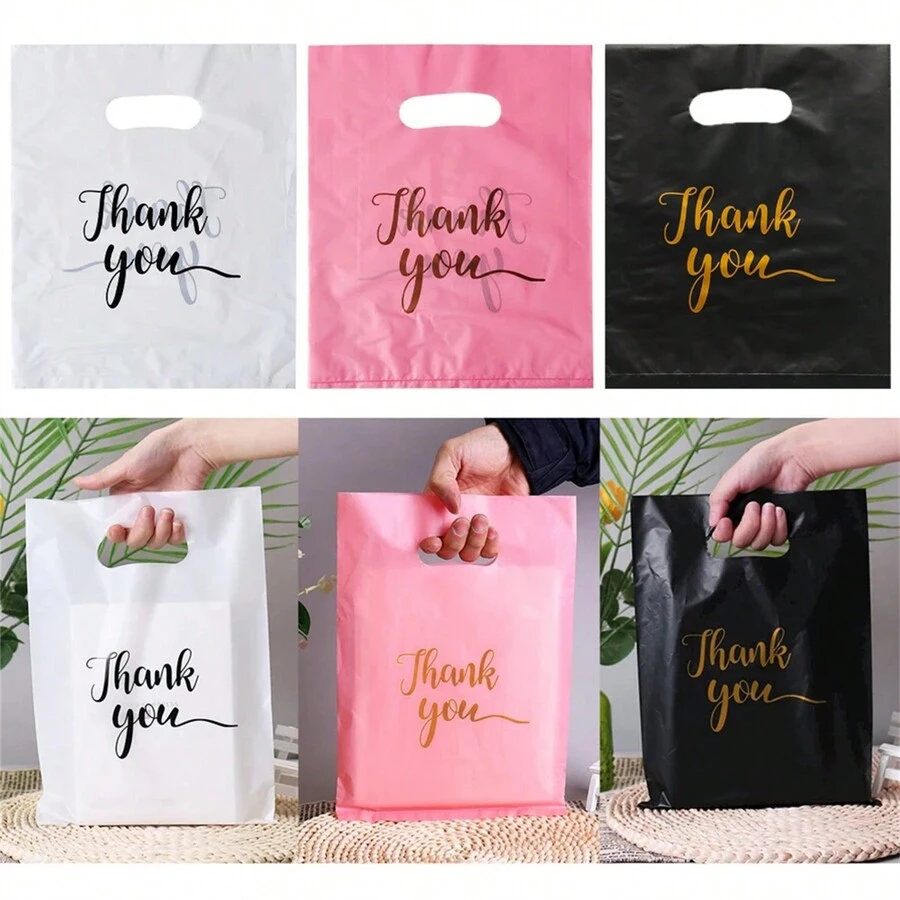 10/50/100 Chiếc Túi Thank You Túi Nhựa Cầm Tay Túi Quà Tặng Dập Nóng In Tiệc Sinh Nhật Mua Sắm Kẹo Bánh Quy Bao Bì Đồ Dùng Học Tập Túi Thực Phẩm Hộp Thực Phẩm Thích Hợp Cho Kẹo Bánh Quy Sô Cô La V. V. - Đen 100 chiếc - Xem 1