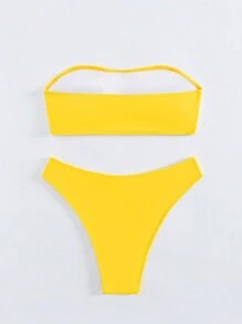 2 件装夏季女式纯色吊带褶饰泳衣 - 黃色 - 查看 6