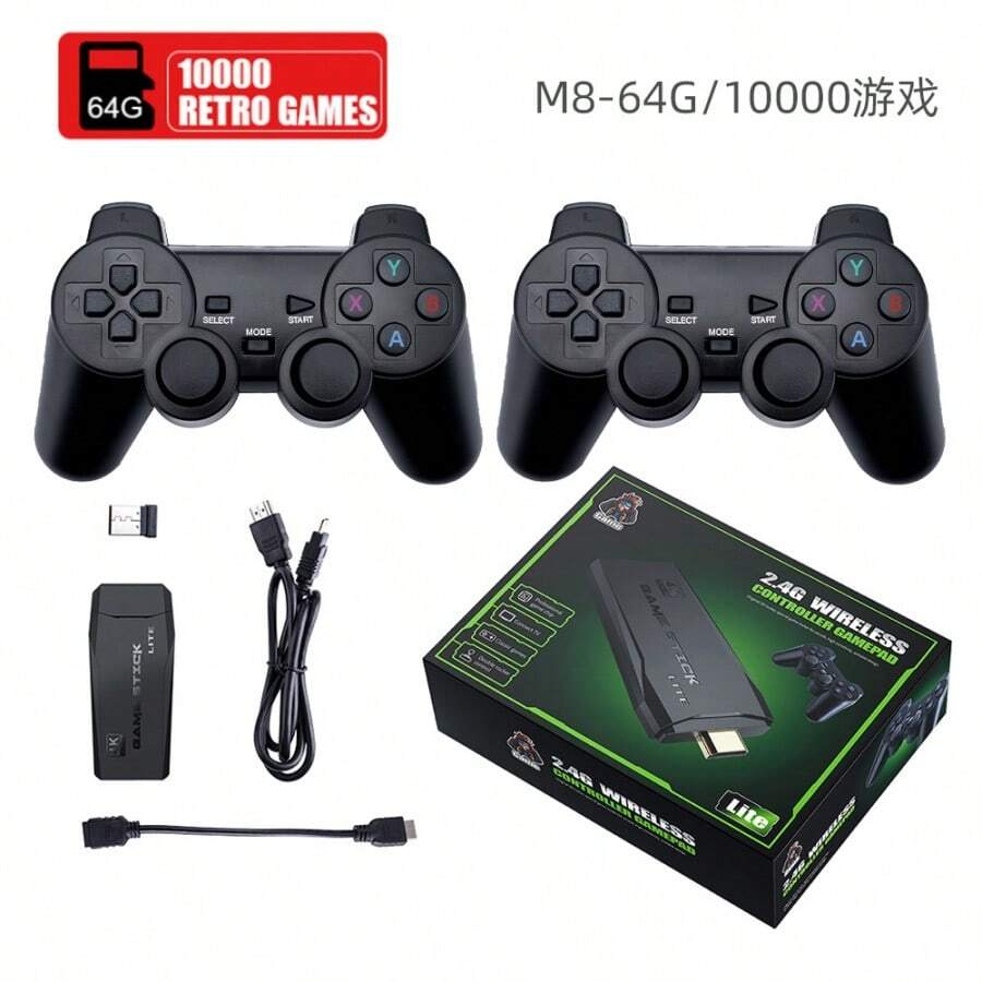 XH Consola de Juegos M8 Retro Inalámbrica 64G,más de 10000 Juegos Integrados, Salida  TV Videojuegos, con Controladores Inalámbricos Duales de 2.4 G - Negro - Ver 1