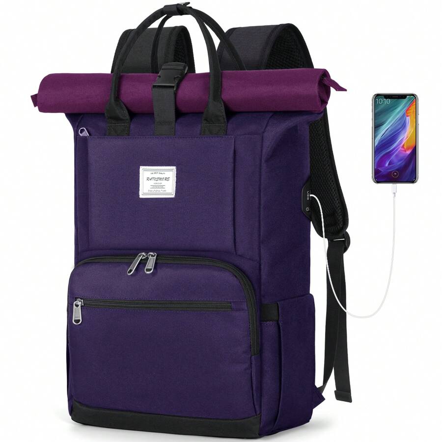 RAINSMORE Rolltop Backpack Women Men Large Laptop Backpack 15.6 Inch Backpack Waterproof Black Backpack School Backpack Travel Backpack Daypacks - Purple - View 1