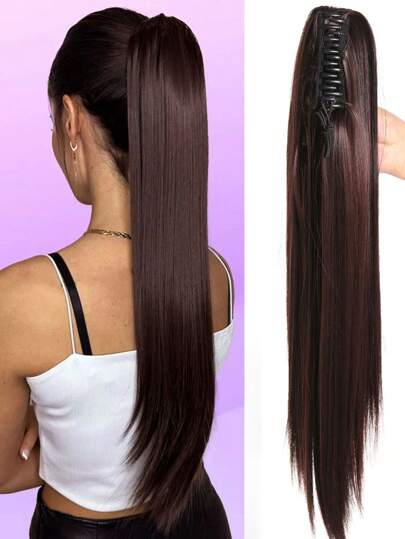 خصلة شعر مستعار مستقيمة طويلة من 18 إلى 28 بوصة مصنوعة من ألياف صناعية مع مشبك مخلب بني داكن للنساء