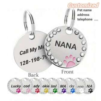 Personalized Dog ID Tag, Sparkling Rhinestone Dog Pendant Cat ID Tag, Custom Engraved Pet Name Circular Pendant, Dog ID Tag Alloy Pendant, Dog Collar Cat Collar Pendant, The Perfect Gift To Prevent Pet Loss, Hanging On The Collar, Is The Best Gift For Pets