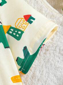 Conjunto de camiseta de manga corta y pantalones cortos con estampado de dinosaurios lindo para niños pequeños en verano - Beis - Ver 6