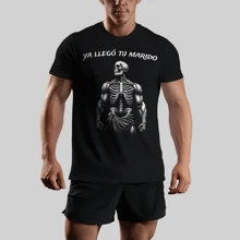 Playera Frase Motivacional Gym Calavera Gymbro Gymrat Esqueleto Hueso Press Banca Músculos Deportivo Entrenamiento Gimnasio Ya Llego Tu Marido Romántico Pareja - Negro - Ver 1