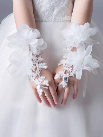 1pair Floral Princess Gloves For Girls' Formal Dress Up, Half Finger Lace Wrist Flower Accessories For Children's Performance