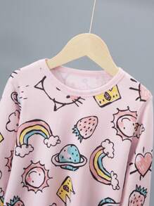 Set de 2 piezas de pijama de niña con top de manga larga y pantalones de algodón, estampado de planeta arcoíris de dibujos animados, ropa de estar en casa gruesa - Rosa - Ver 3