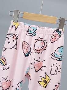 Set de 2 piezas de pijama de niña con top de manga larga y pantalones de algodón, estampado de planeta arcoíris de dibujos animados, ropa de estar en casa gruesa - Rosa - Ver 5