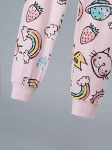 Set de 2 piezas de pijama de niña con top de manga larga y pantalones de algodón, estampado de planeta arcoíris de dibujos animados, ropa de estar en casa gruesa - Rosa - Ver 6