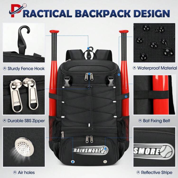 Baseball Bag For Youth & Adult Lightweight Softball Bat Bag With Shoe Compartment, External Helmet Holder And Fence Hook Waterproof Baseball Backpack Hold T-Ball, Bat And Softball Equipment - 黑色 - 查看 2