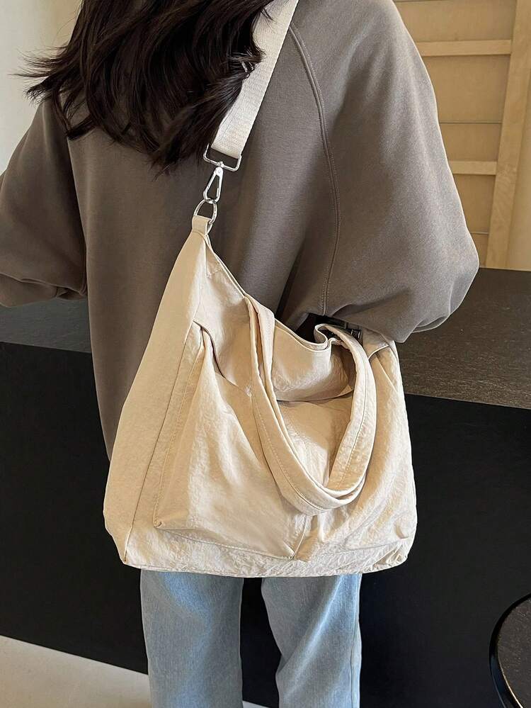 low tea Solid Color Denim Portable Zipper Closure Fashion Tote Bag For Women, Suitable For Daily Use As A Handbag, Denim Tote, Shoulder Bag, Crossbody Bag Or Hand Carry Bag. Suitable For School, Office And Travel. - Beige - View 4