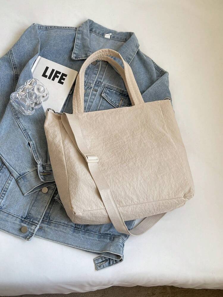 low tea Solid Color Denim Portable Zipper Closure Fashion Tote Bag For Women, Suitable For Daily Use As A Handbag, Denim Tote, Shoulder Bag, Crossbody Bag Or Hand Carry Bag. Suitable For School, Office And Travel. - Beige - View 7