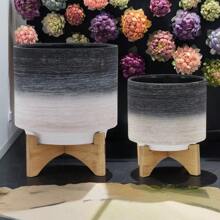 CERAMIC, S/2 8/10" PLANTER ON WOODEN STAND, GRAY - 彩色 - 查看 1