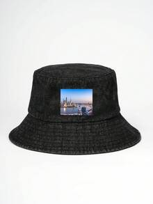 1pc Customized Printed Denim Bucket Hat For Men And Women, Outdoor Travel Accessory - A - View 8