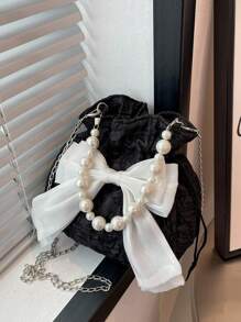 Mini Faux Pearl & Bow Decor Textured Chain Bucket Bag, Perfect Valentines Day Gift For Her, Bow Purse For Women, Best Valentine's Gift Choice Ever, Cute Bow Bag For Women - 黑色 - 查看 4