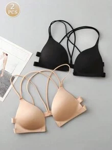 2 pezzi Set di reggiseni canottiera con chiusura anteriore, senza ferretto, con luce imbottitura e schiena incrociata, biancheria intima per le donne