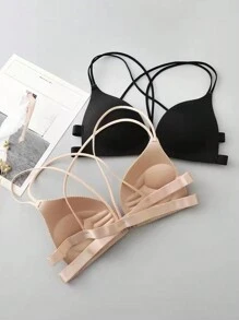 2 pezzi Set di reggiseni canottiera con chiusura anteriore, senza ferretto, con luce imbottitura e schiena incrociata, biancheria intima per le donne
